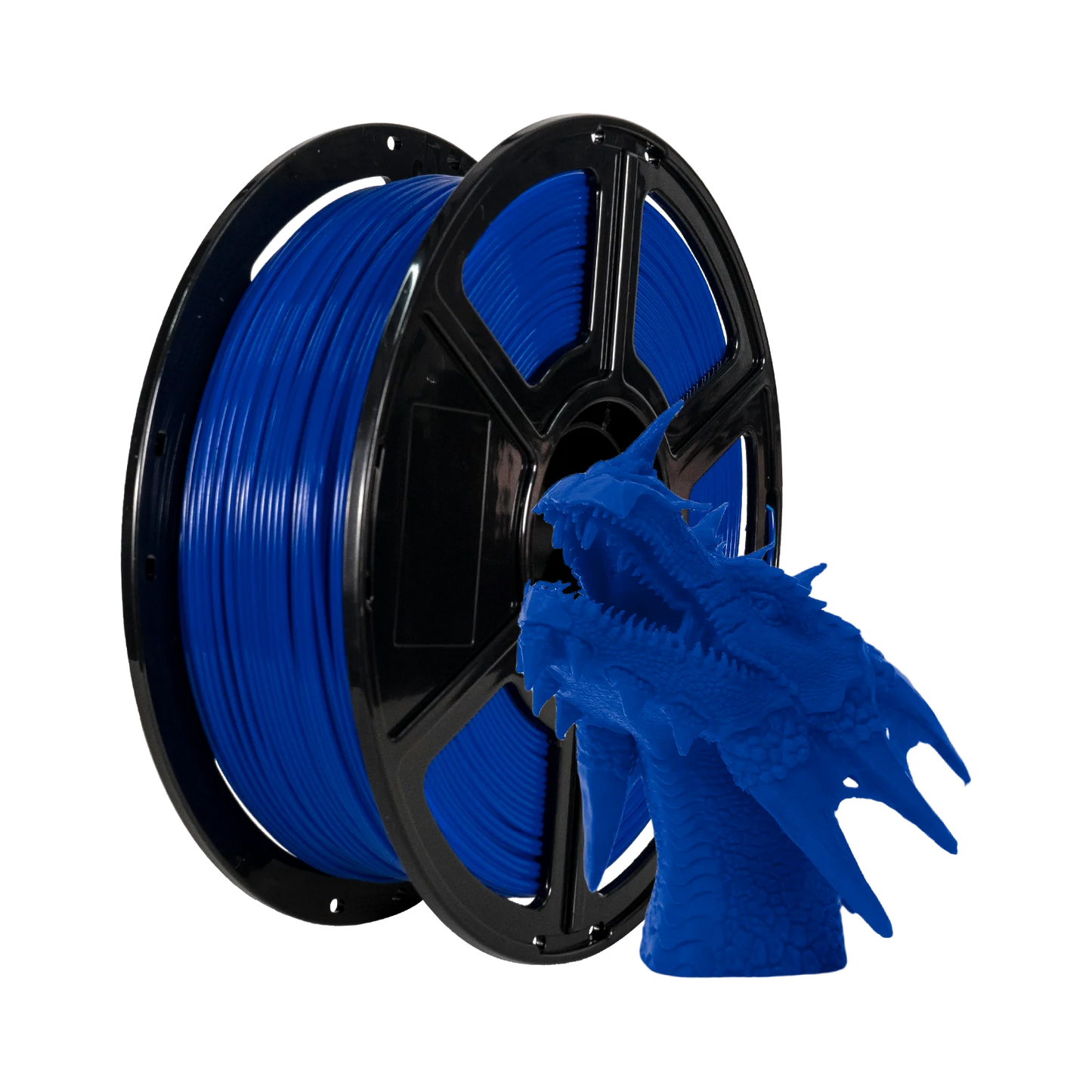 A spool of Flashforge PLA 1.75mm 3D Printing Filament - Basic Colour in blue sits beside a detailed blue dragon head model, highlighting the precision and strength of Flashforge’s high-quality filament.