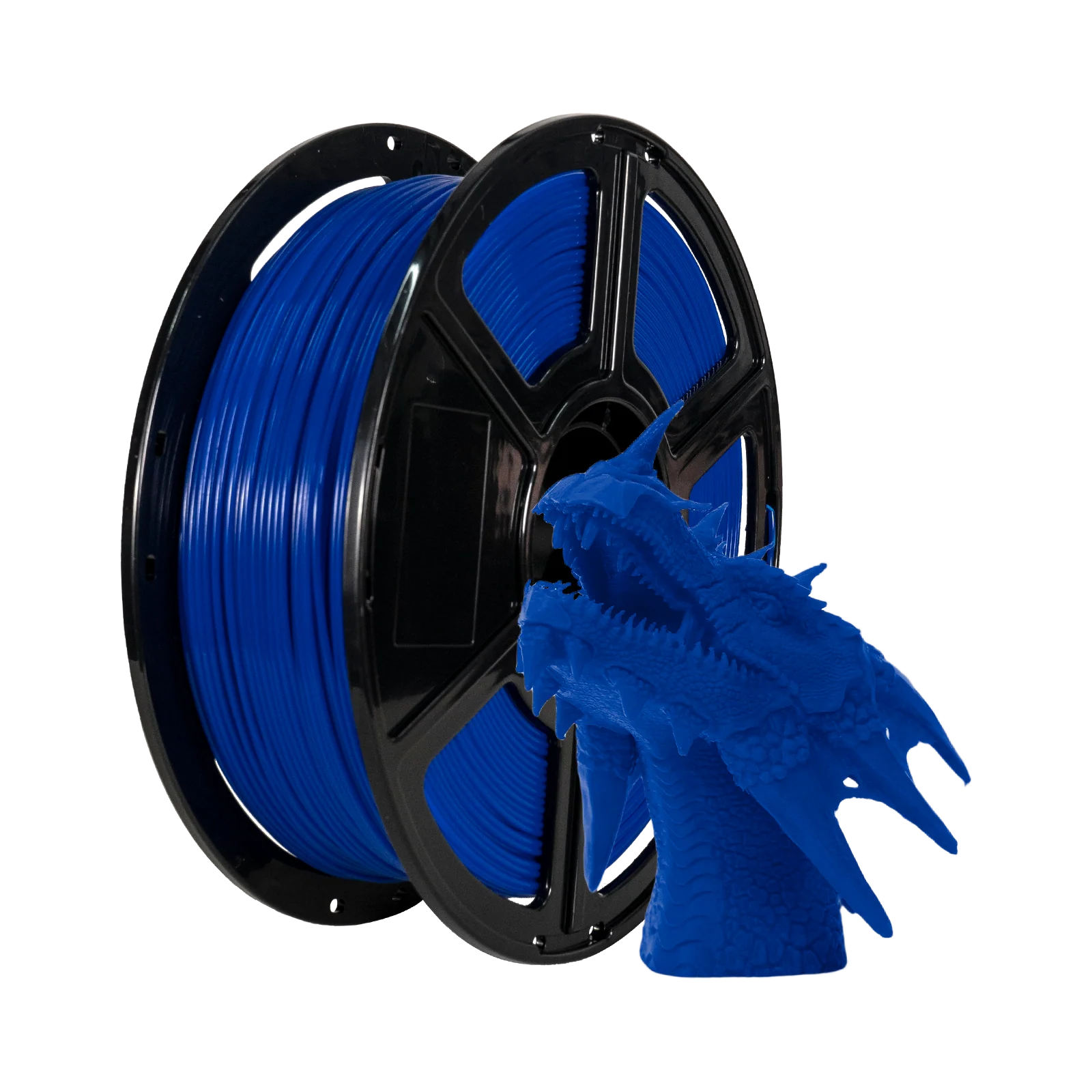 A spool of Flashforge PLA 1.75mm 3D Printing Filament - Basic Colour in blue sits beside a detailed blue dragon head model, highlighting the precision and strength of Flashforge’s high-quality filament.