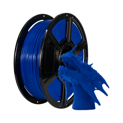 A spool of Flashforge PLA 1.75mm 3D Printing Filament - Basic Colour in blue sits beside a detailed blue dragon head model, highlighting the precision and strength of Flashforge’s high-quality filament.