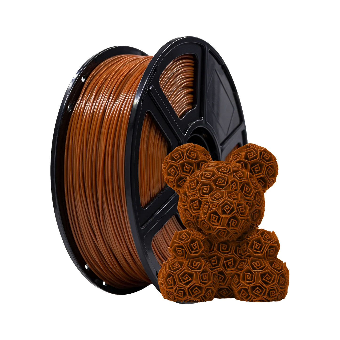A spool of Flashforge PLA 1.75mm 3D Printing Filament - Basic Colour sits beside a matching geometric bear, showcasing the high print quality you can achieve with this reliable Flashforge filament.