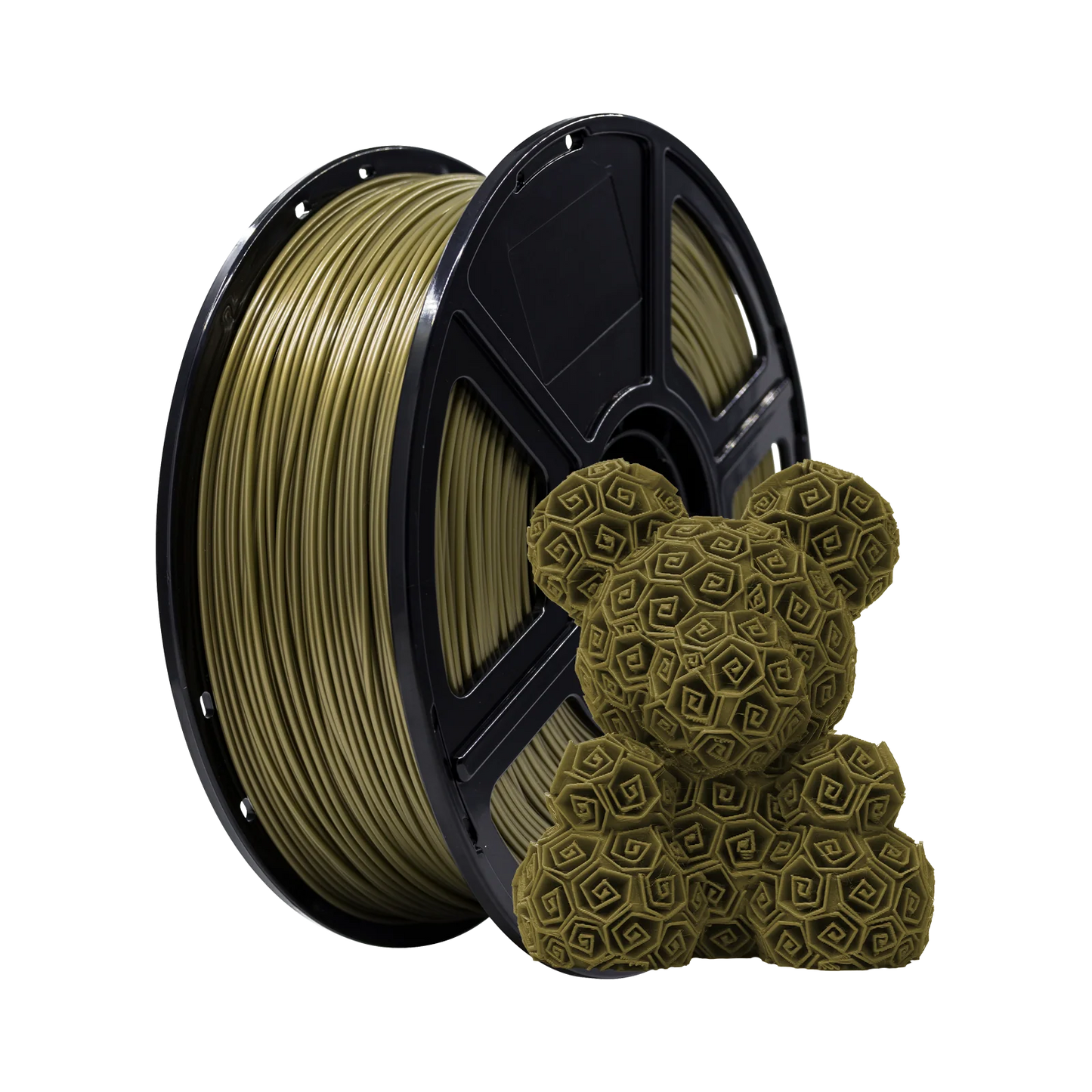 A spool of Flashforge PLA 1.75mm 3D Printing Filament in olive green stands beside a geometric-patterned 3D-printed bear figure, both displayed against a white background.