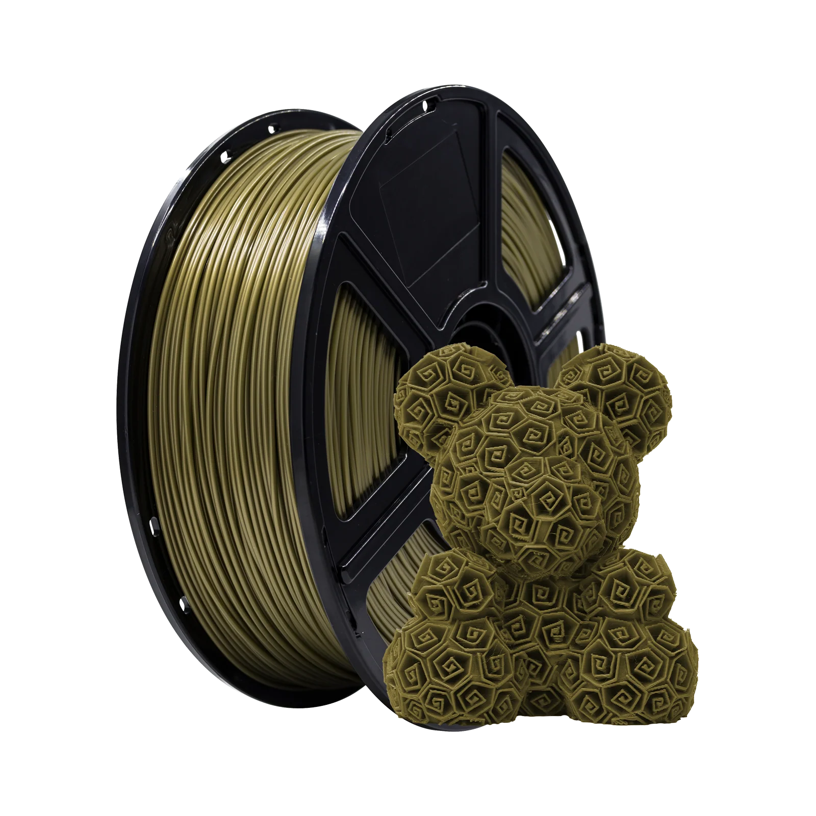 A spool of Flashforge PLA 1.75mm 3D Printing Filament in olive green stands beside a geometric-patterned 3D-printed bear figure, both displayed against a white background.