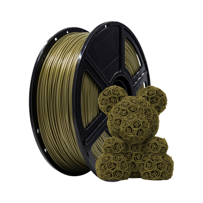 A spool of Flashforge PLA 1.75mm 3D Printing Filament in olive green stands beside a geometric-patterned 3D-printed bear figure, both displayed against a white background.