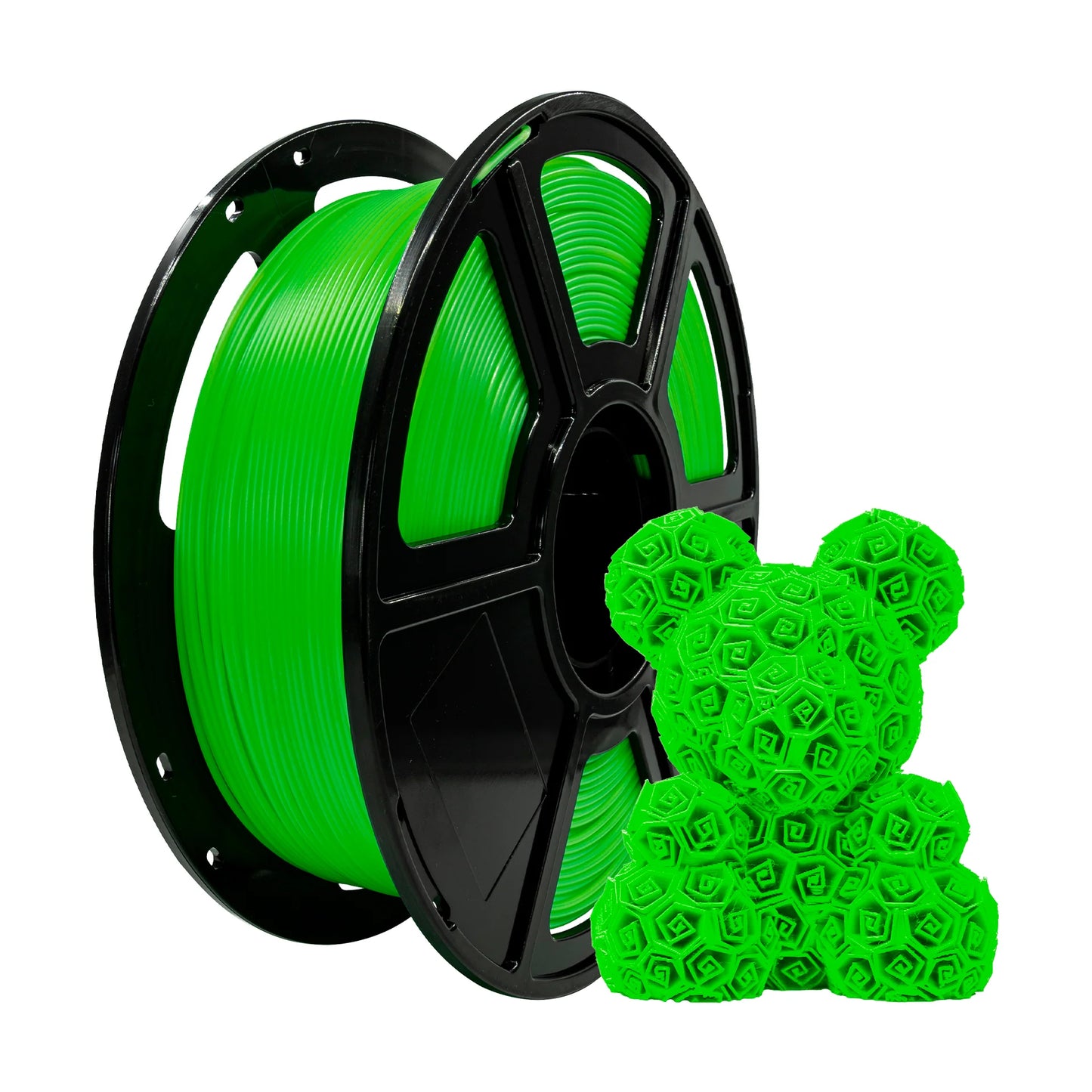 A spool of Flashforge PLA 1.75mm 3D Printing Filament - Basic Colour in green sits beside a small geometric teddy bear figure, both crafted from biodegradable filament for high-quality prints by Flashforge.