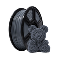 A spool of Flashforge PLA 1.75mm Basic Colour 3D Printing Filament in gray is displayed beside a geometric-patterned, gray 3D-printed bear figurine on a plain background.