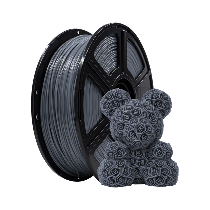 A spool of Flashforge PLA 1.75mm 3D Printing Filament - Basic Colour sits beside a gray, geometric-patterned 3D-printed bear, highlighting Flashforge’s quality filament for detailed prints.