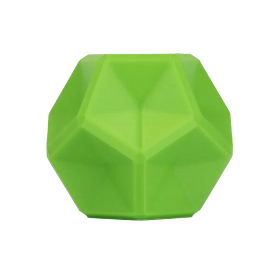 A green, faceted geometric object resembling a dodecahedron—3D printed with Flashforge PLA 1.75mm Basic Colour 3D Printing Filament—is centered on a plain white background.