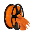 A spool of Flashforge PLA 1.75mm Basic Colour 3D Printing Filament in orange sits beside a vibrant orange, three-headed dragon bust, both highlighting the quality and precision achievable with biodegradable Flashforge filament.