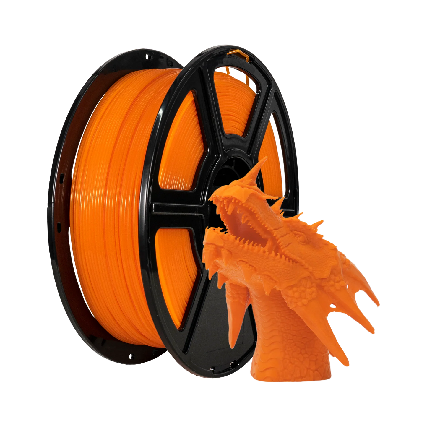 A spool of Flashforge PLA 1.75mm 3D Printing Filament - Basic Colour (orange) sits next to an orange 3D-printed dragon head model.