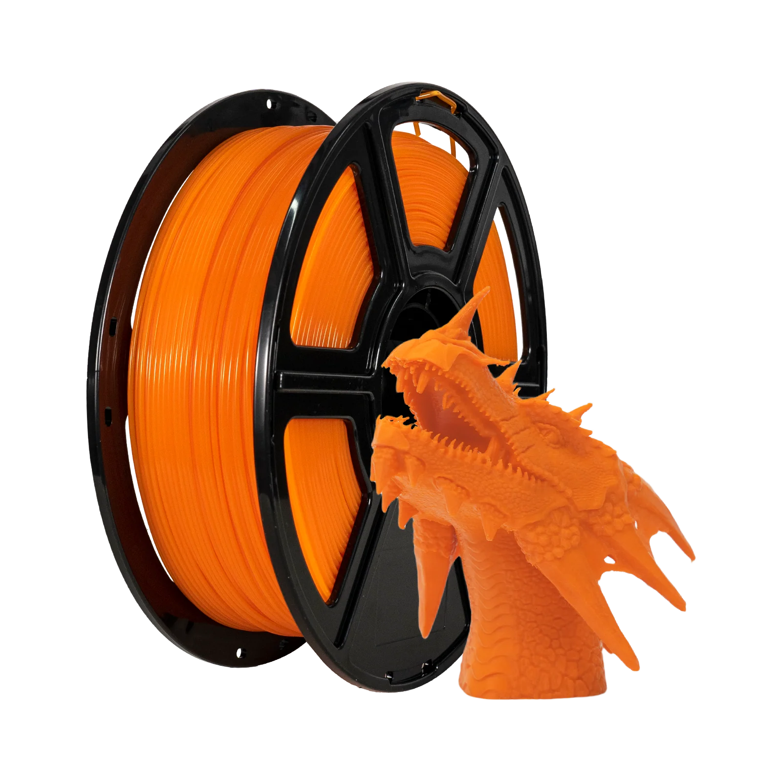 A spool of Flashforge PLA 1.75mm 3D Printing Filament - Basic Colour (orange) sits next to an orange 3D-printed dragon head model.