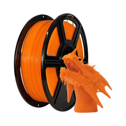 A spool of Flashforge PLA 1.75mm 3D Printing Filament - Basic Colour (orange) sits next to an orange 3D-printed dragon head model.