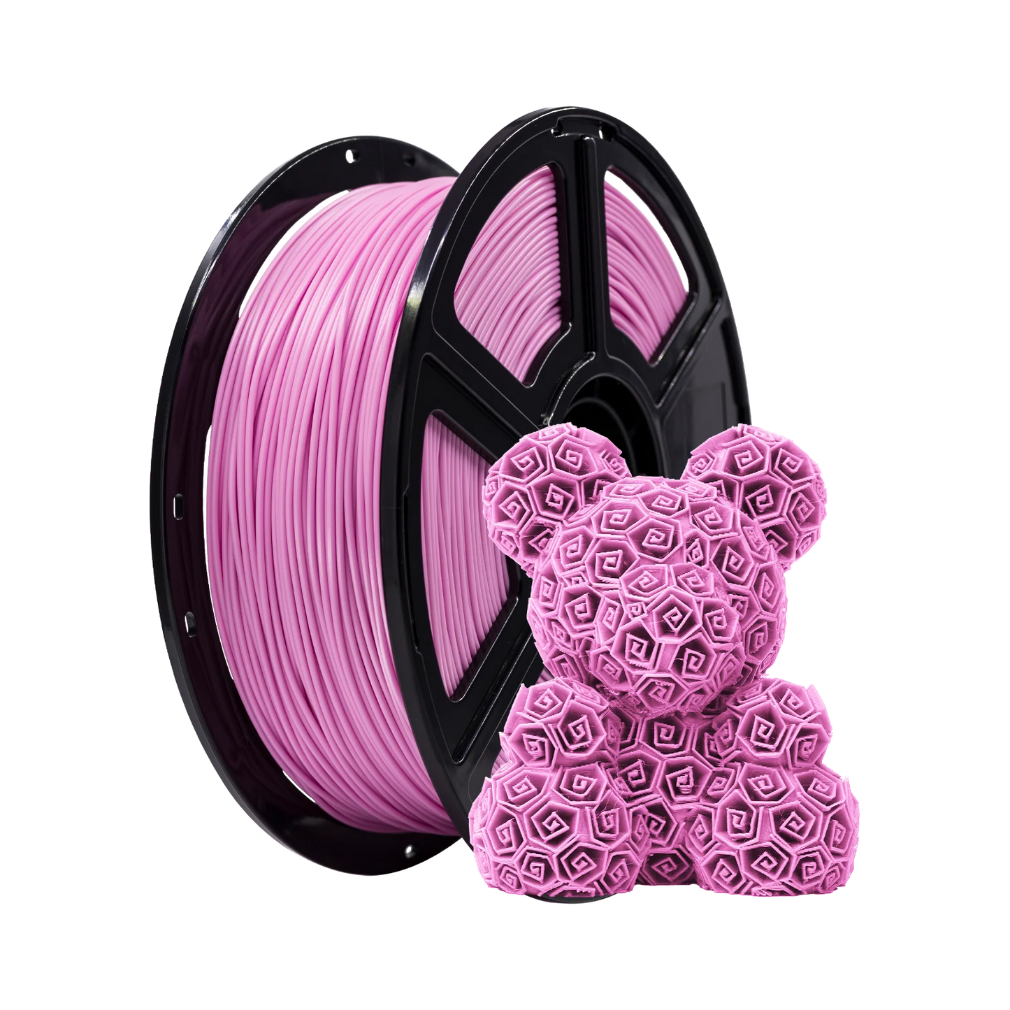 A spool of Flashforge PLA 1.75mm 3D Printing Filament - Basic Colour in pink sits beside a decorative 3D-printed bear, both made from the same high-quality Flashforge filament.