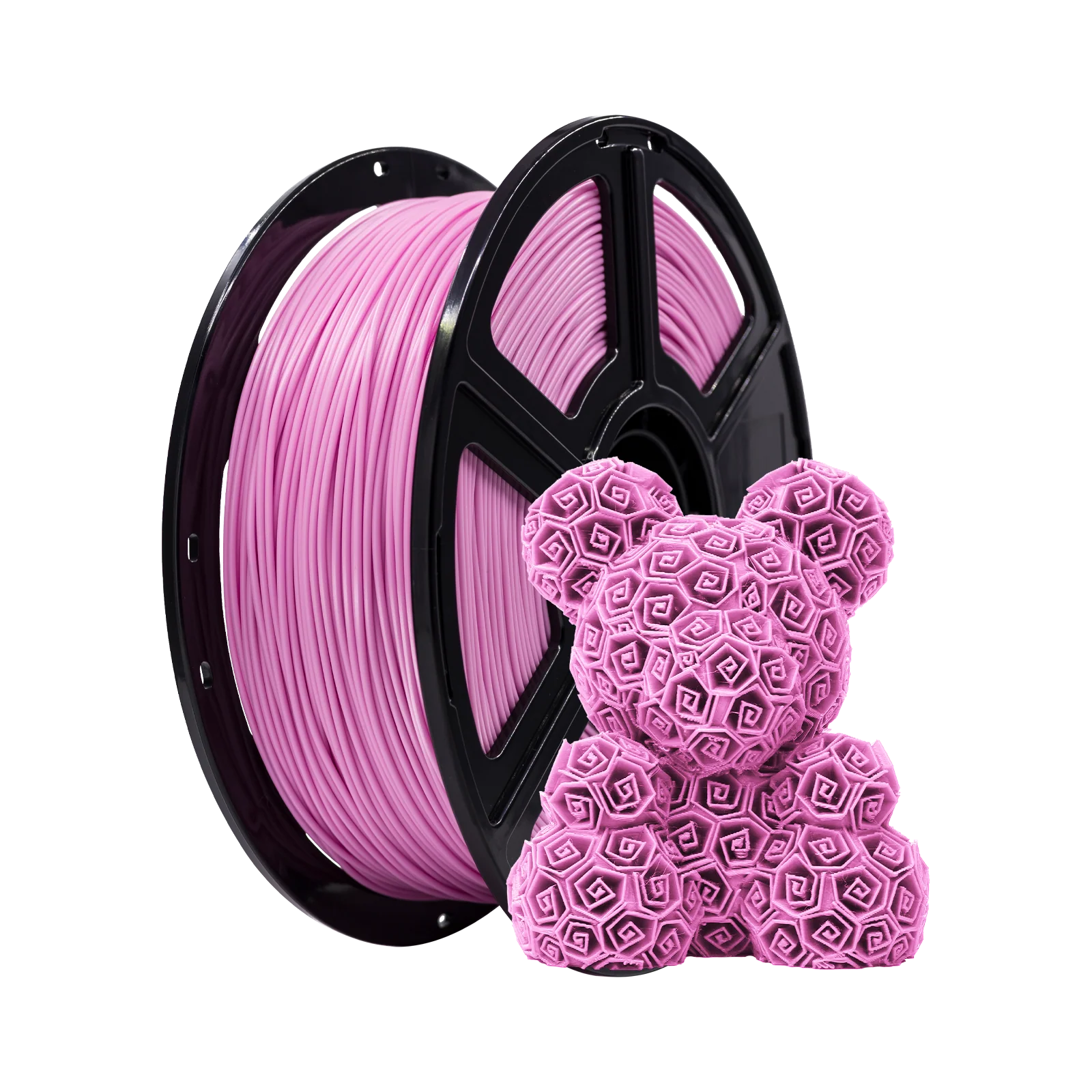 A spool of Flashforge PLA 1.75mm 3D Printing Filament - Basic Colour in pink sits beside a decorative 3D-printed bear, both made from the same high-quality Flashforge filament.