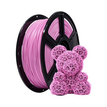 A spool of Flashforge PLA 1.75mm 3D Printing Filament - Basic Colour in pink sits beside a decorative 3D-printed bear, both made from the same high-quality Flashforge filament.