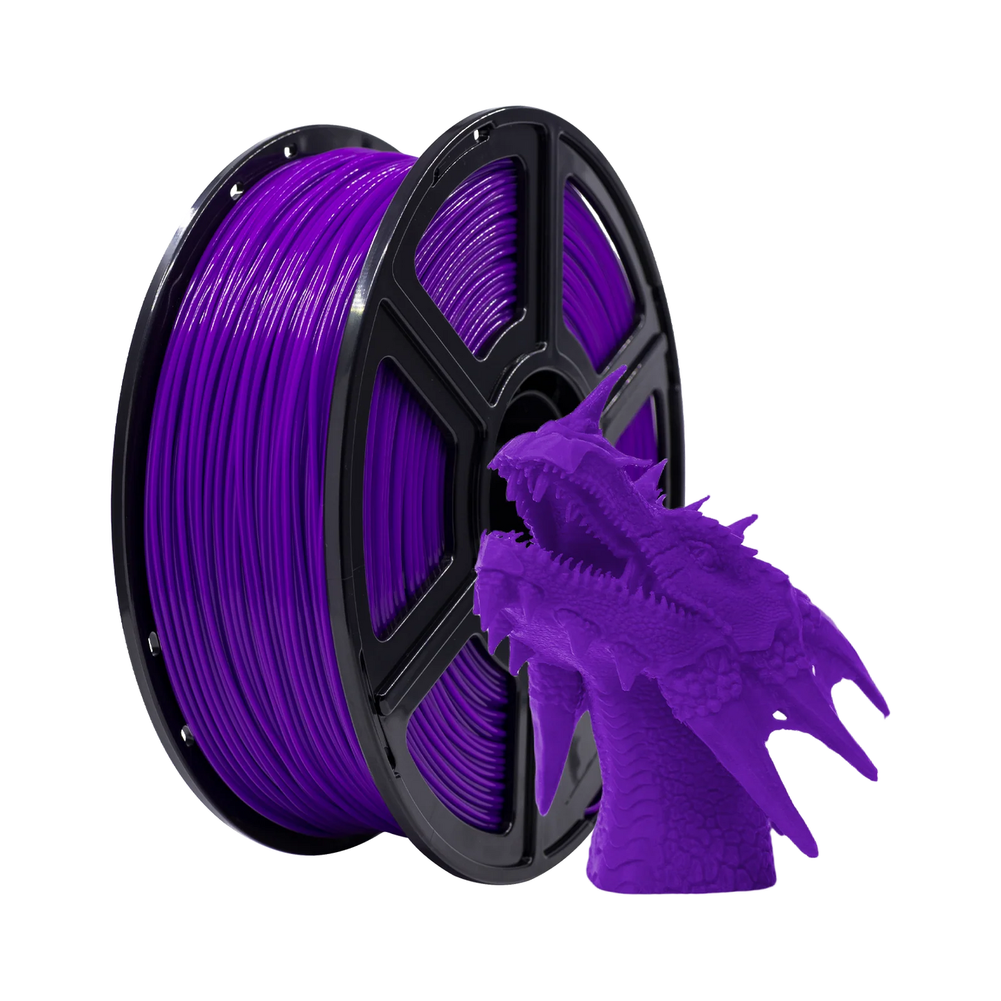A spool of Flashforge PLA 1.75mm 3D Printing Filament in purple sits beside a vibrant purple 3D-printed dragon head, showcasing the high-quality results achievable with Flashforge’s Basic Colour filament.