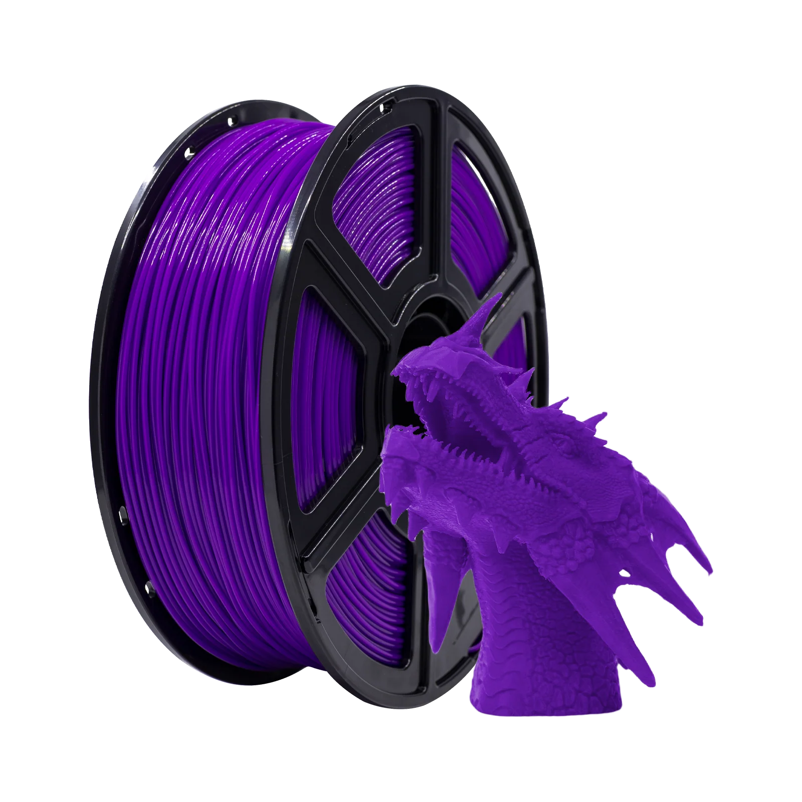 A spool of Flashforge PLA 1.75mm 3D Printing Filament in purple sits beside a vibrant purple 3D-printed dragon head, showcasing the high-quality results achievable with Flashforge’s Basic Colour filament.