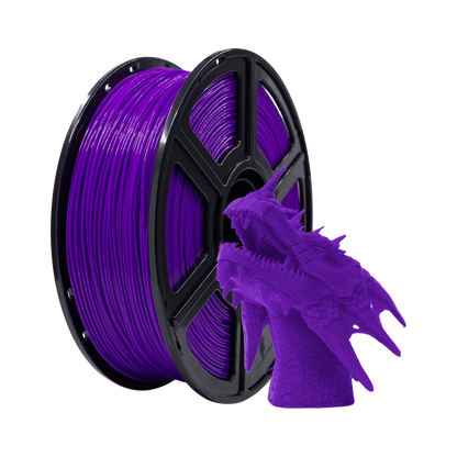A spool of Flashforge PLA 1.75mm 3D Printing Filament in purple sits beside a vibrant purple 3D-printed dragon head, showcasing the high-quality results achievable with Flashforge’s Basic Colour filament.