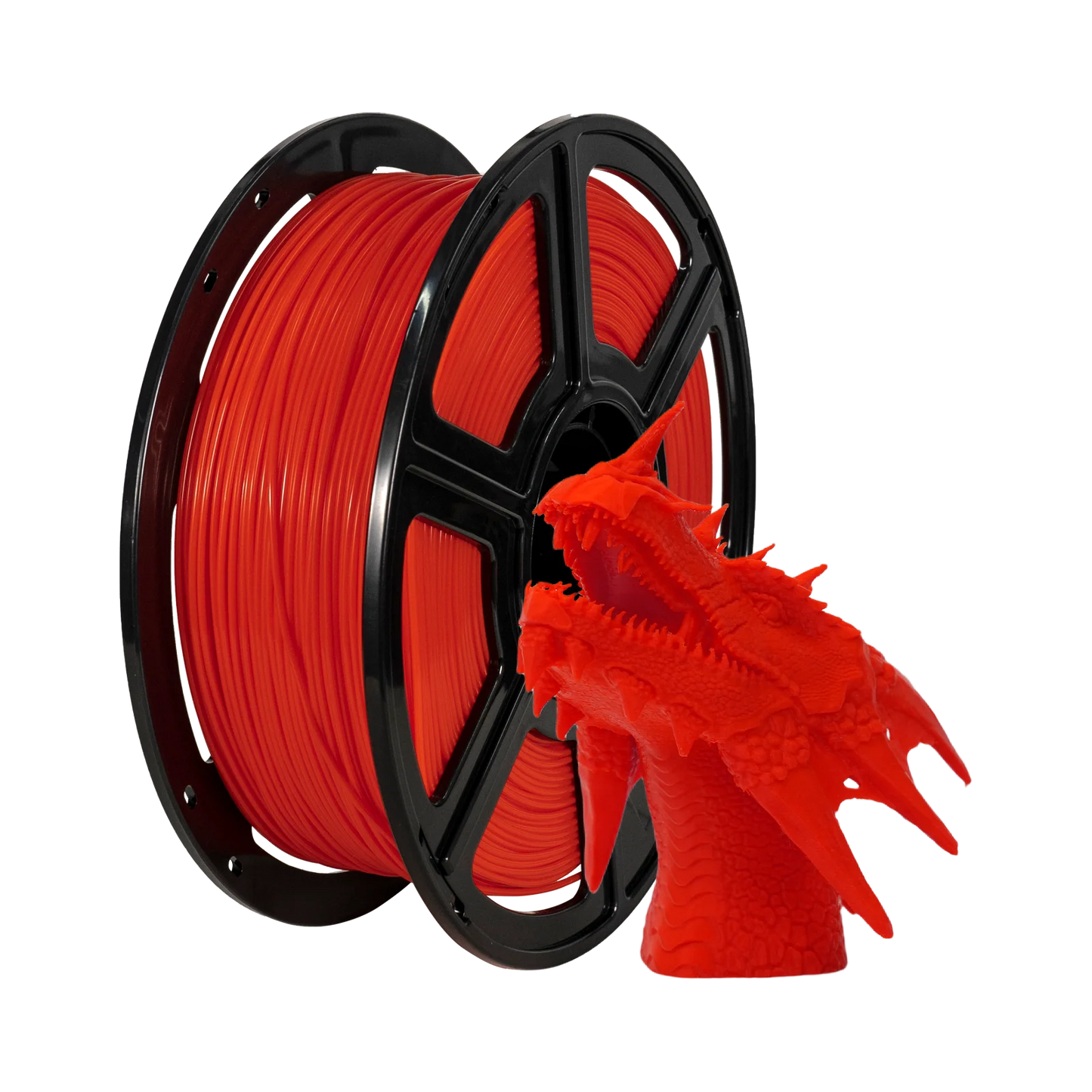 A spool of Flashforge PLA 1.75mm 3D Printing Filament - Basic Colour in red sits beside a detailed red dragon head model, demonstrating the high-quality results achievable with Flashforge filament.