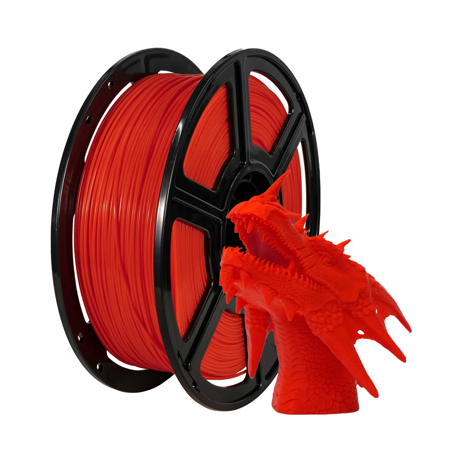A spool of Flashforge PLA 1.75mm 3D Printing Filament - Basic Colour in red sits beside a detailed red dragon head model, demonstrating the high-quality results achievable with Flashforge filament.