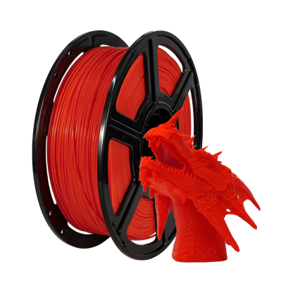 A spool of Flashforge PLA 1.75mm 3D Printing Filament - Basic Colour in red sits beside a detailed red dragon head model, demonstrating the high-quality results achievable with Flashforge filament.