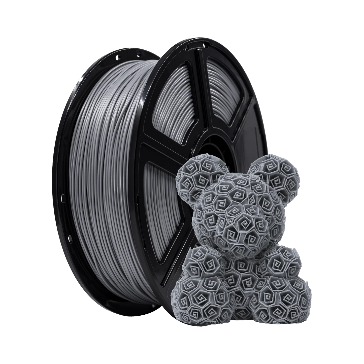 A spool of Flashforge PLA 1.75mm 3D Printing Filament - Basic Colour is displayed beside a geometric 3D printed bear, demonstrating the quality and precision offered by Flashforge filament.