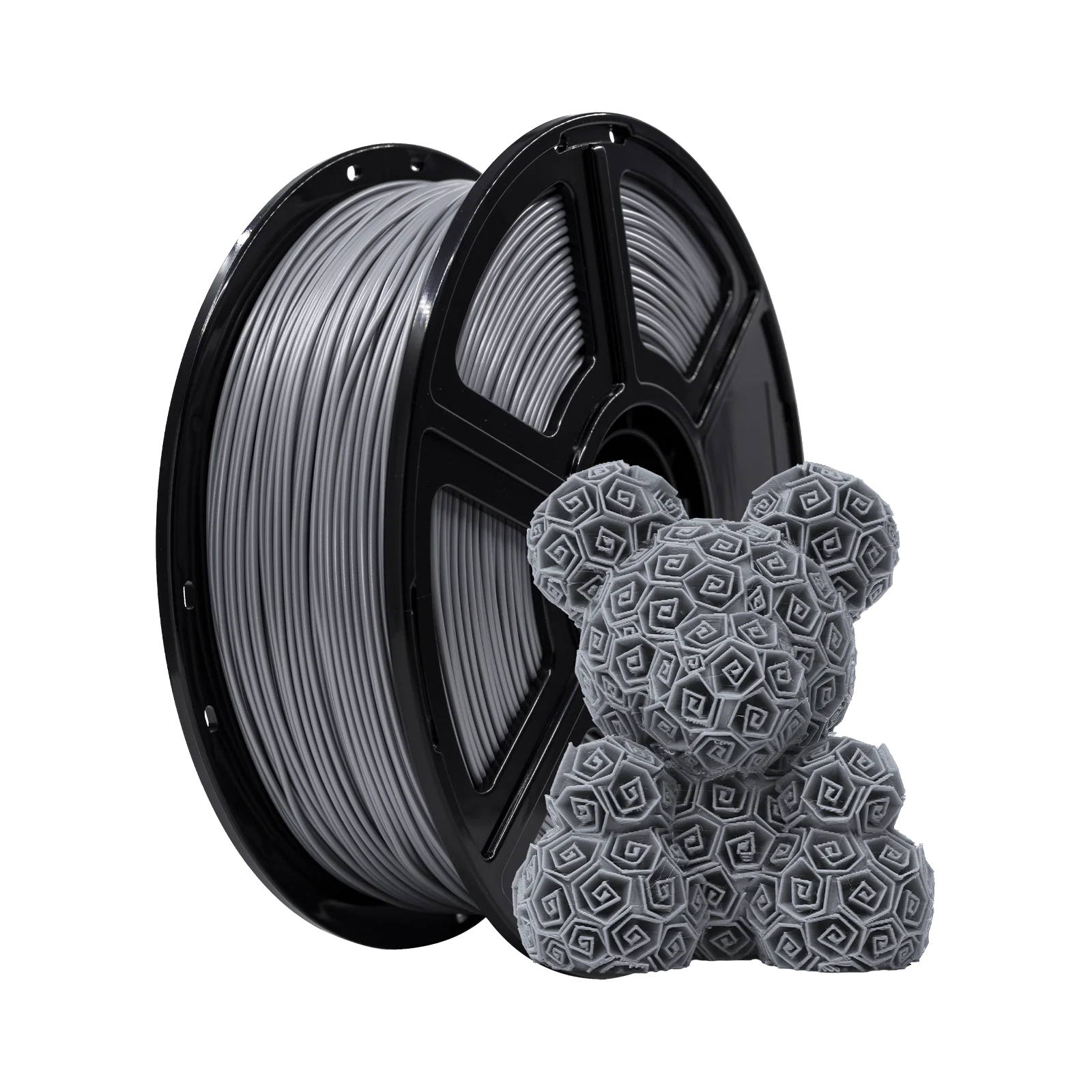 A spool of Flashforge PLA 1.75mm 3D Printing Filament - Basic Colour is displayed beside a geometric 3D printed bear, demonstrating the quality and precision offered by Flashforge filament.