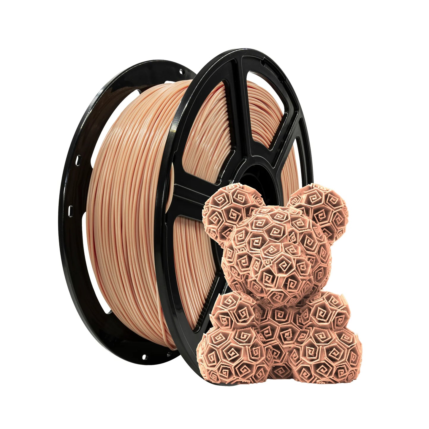 A spool of Flashforge PLA 1.75mm 3D Printing Filament in light brown sits beside a geometric 3D-printed bear made from the same high-quality Flashforge filament.