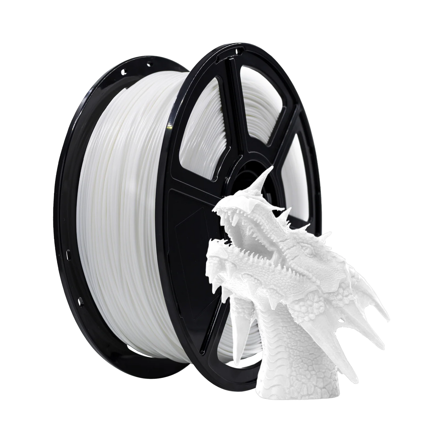 A spool of Flashforge PLA 1.75mm 3D Printing Filament - Basic Colour is displayed next to a detailed white 3D-printed dragon head, highlighting the precision achievable with Flashforge filament.