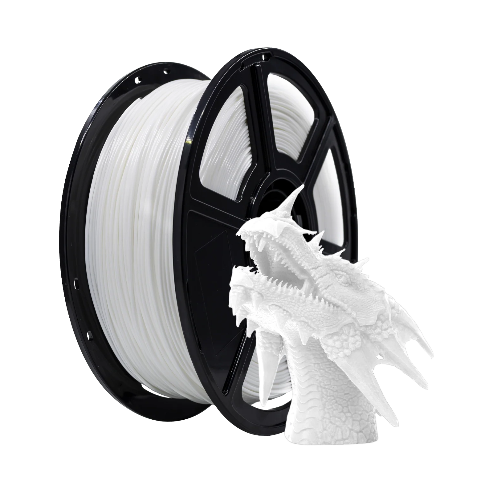 A spool of Flashforge PLA 1.75mm 3D Printing Filament - Basic Colour is displayed next to a detailed white 3D-printed dragon head, highlighting the precision achievable with Flashforge filament.