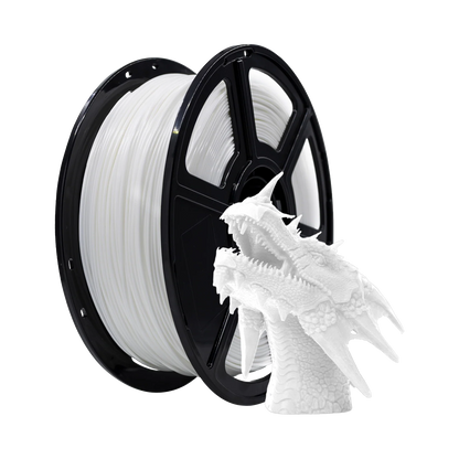 A spool of Flashforge PLA 1.75mm 3D Printing Filament - Basic Colour is displayed next to a detailed white 3D-printed dragon head, highlighting the precision achievable with Flashforge filament.