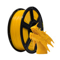 A spool of Flashforge PLA 1.75mm Basic Colour 3D Printing Filament in yellow is placed beside a detailed yellow 3D-printed dragon head model.