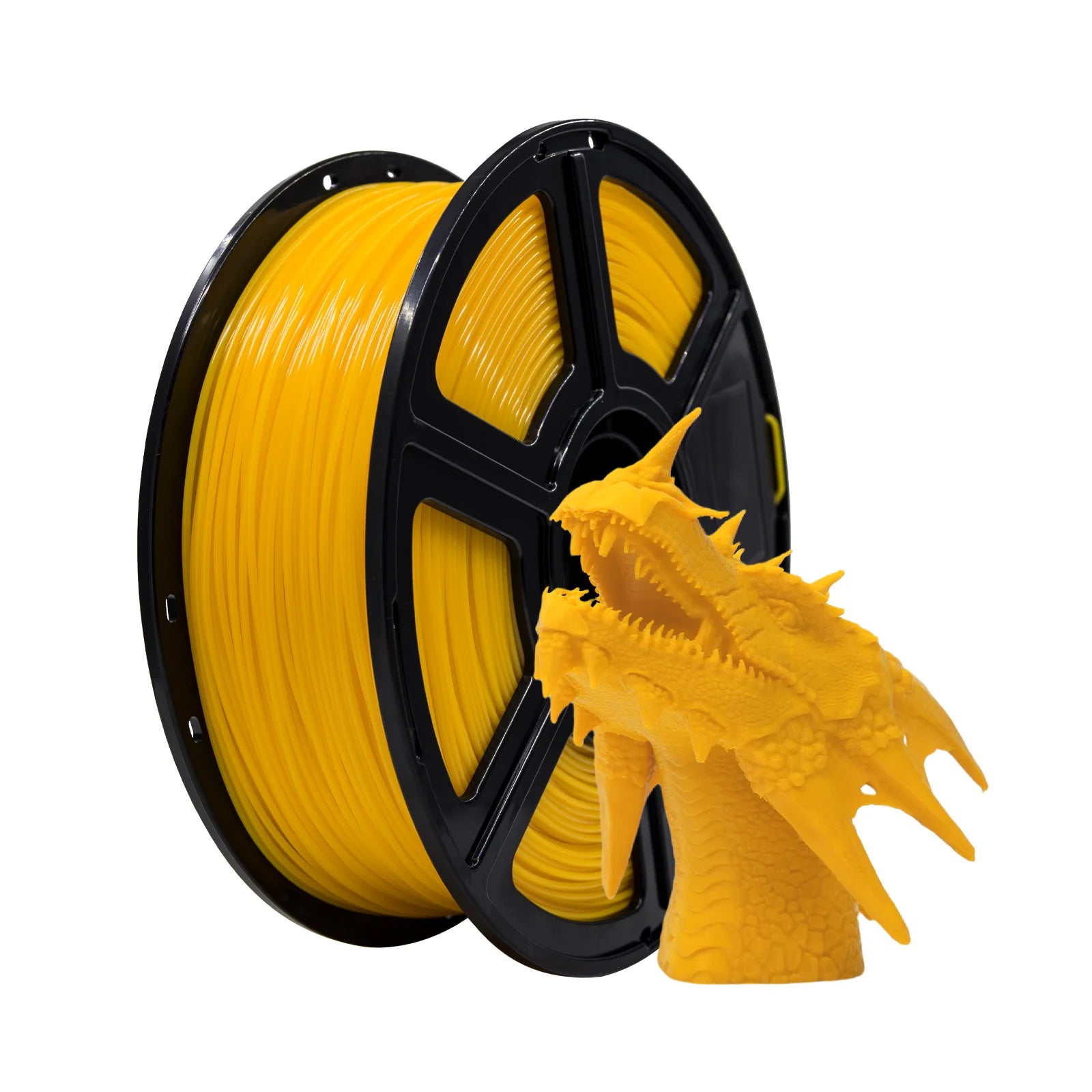 A spool of Flashforge PLA 1.75mm 3D Printing Filament - Basic Colour sits beside a vivid yellow dragon head model, highlighting the precision and vibrant results achievable with Flashforge’s high-quality filament.
