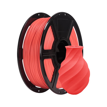 A spool of Flashforge PLA 1.75mm 3D Printing Filament - Matte Colour by 3D Printing Perth - Cirrus Link sits beside a red, spiral-patterned 3D printed vase, both displayed on a white background.