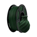 A spool of Flashforge PLA Matte Colour 1.75mm 3D printing filament in dark green with a small, twisted vase—crafted for precise prints—displayed in front.
