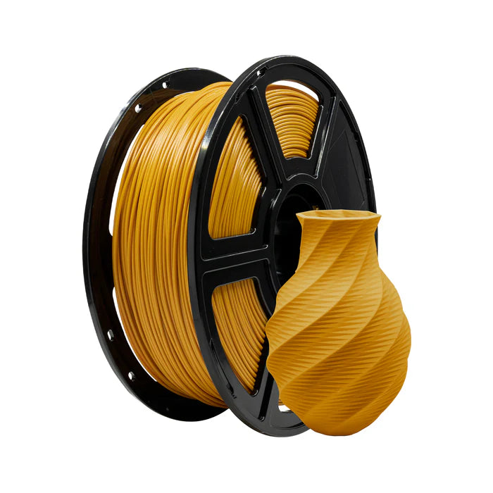 A spool of Flashforge PLA Matte 1.75mm 3D Printing Filament in golden yellow sits next to a small, twisted vase made using the same matte filament from Flashforge.
