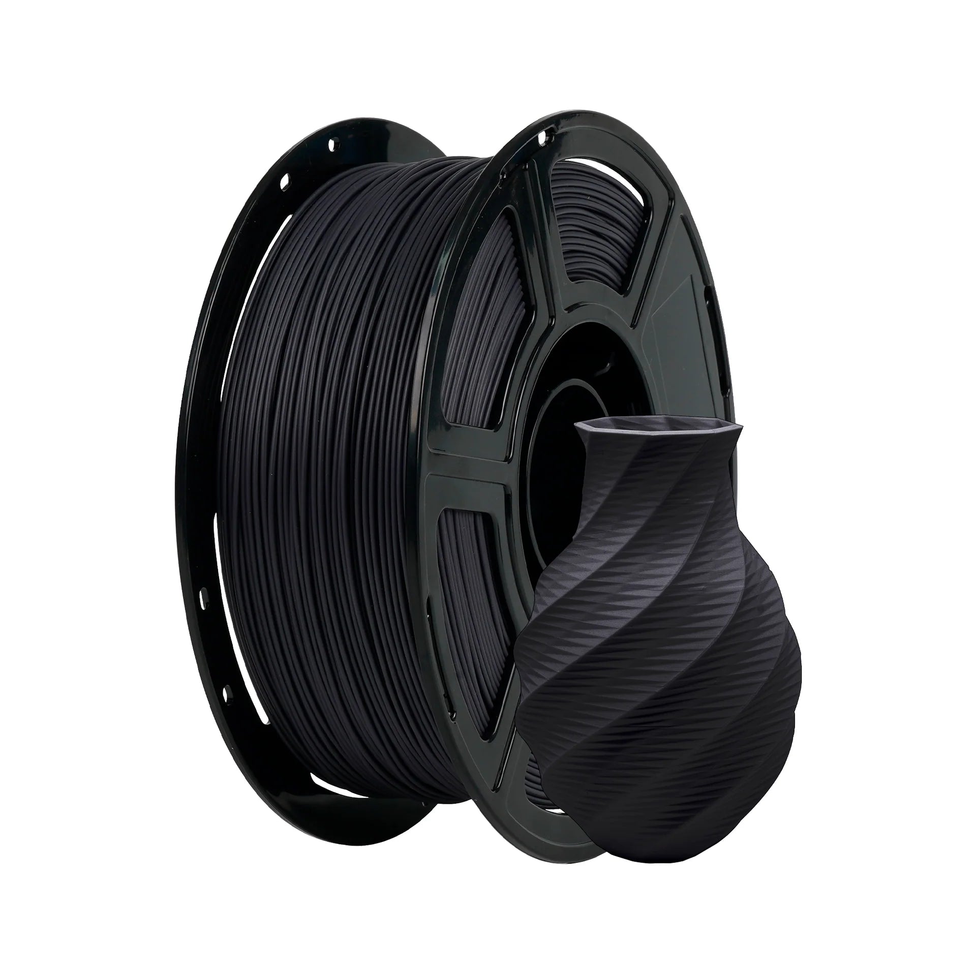 A spool of Flashforge PLA 1.75mm Matte Colour filament by 3D Printing Perth - Cirrus Link sits next to a small black twisted vase printed from the same material, both displayed on a white background.