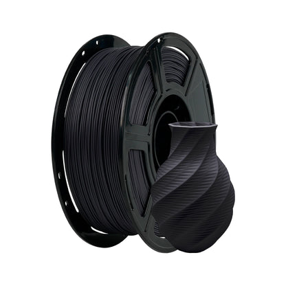 A spool of Flashforge PLA 1.75mm Matte Colour filament by 3D Printing Perth - Cirrus Link sits next to a small black twisted vase printed from the same material, both displayed on a white background.