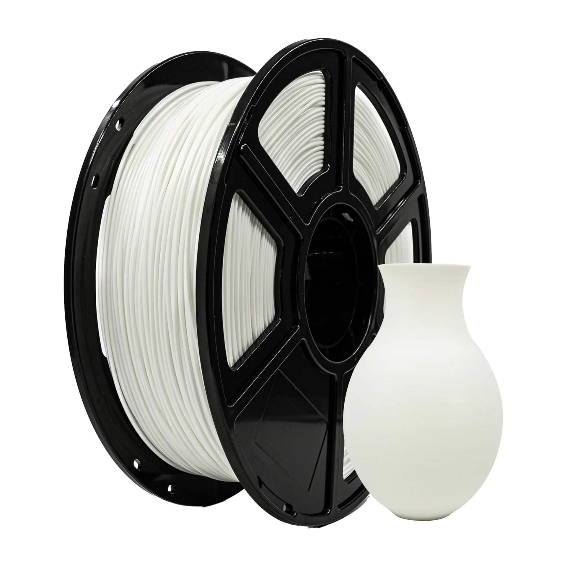 A spool of Flashforge PLA 1.75mm Matte Colour filament by 3D Printing Perth - Cirrus Link is displayed beside a small white 3D printed vase.
