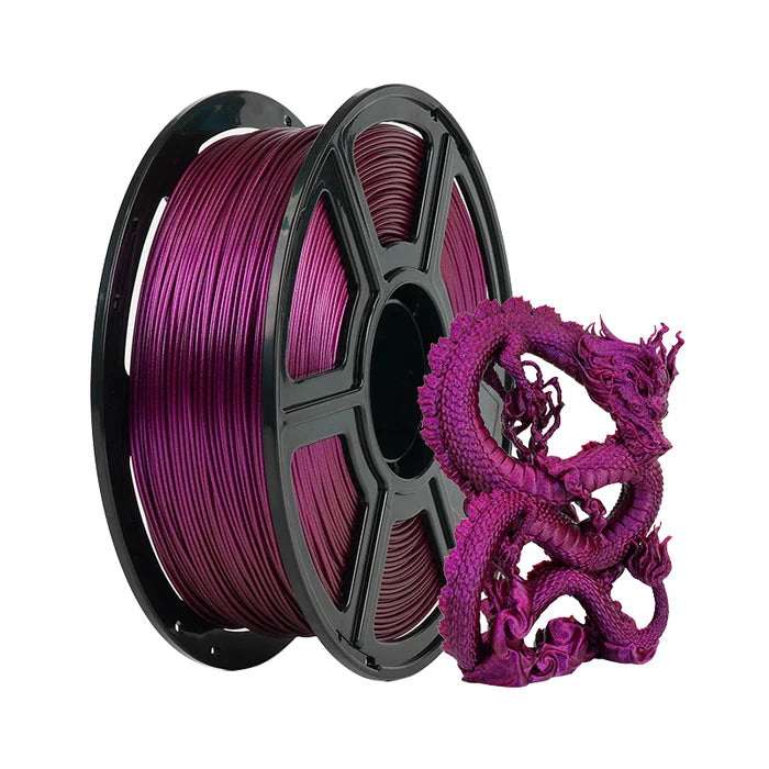 A spool of Flashforge PLA 1.75mm 3D Printing Filament in purple sits beside a detailed 3D-printed dragon, demonstrating the brand's smooth surface finish and reliable extrusion.