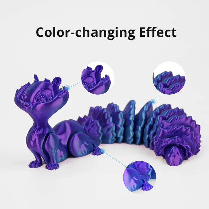 A dragon figurine, 3D printed with Flashforge PLA 1.75mm Multiple Colour filament, showcases a vibrant color-changing effect and smooth finish, highlighting the filament's consistent extrusion quality by Flashforge.