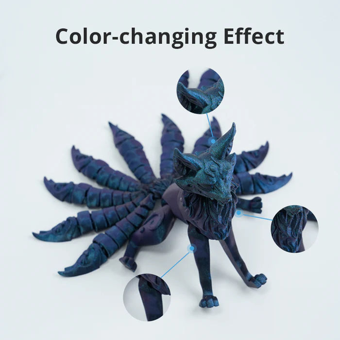 A nine-tailed fox figurine, printed with Flashforge PLA 1.75mm Multiple Colour filament, shows a smooth finish and color-changing effects, with close-ups highlighting the vibrant details on its body, head, and tail.