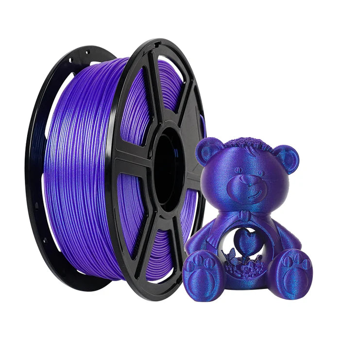 A spool of Flashforge PLA 1.75mm 3D Printing Filament in purple beside a 3D-printed bear figurine with a heart design, demonstrating the brand’s reliable extrusion and smooth surface finish.