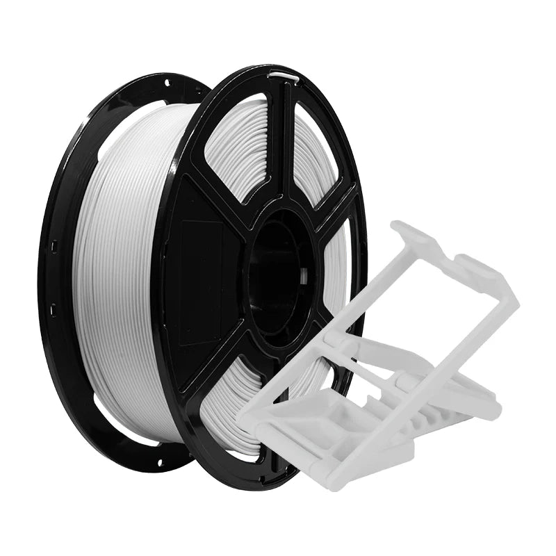 A spool of Flashforge PLA Pro 1.75mm 3D Printing Filament - Basic Colour in white sits beside a geometric, angular white 3D print—ideal for producing precise, high-quality results.