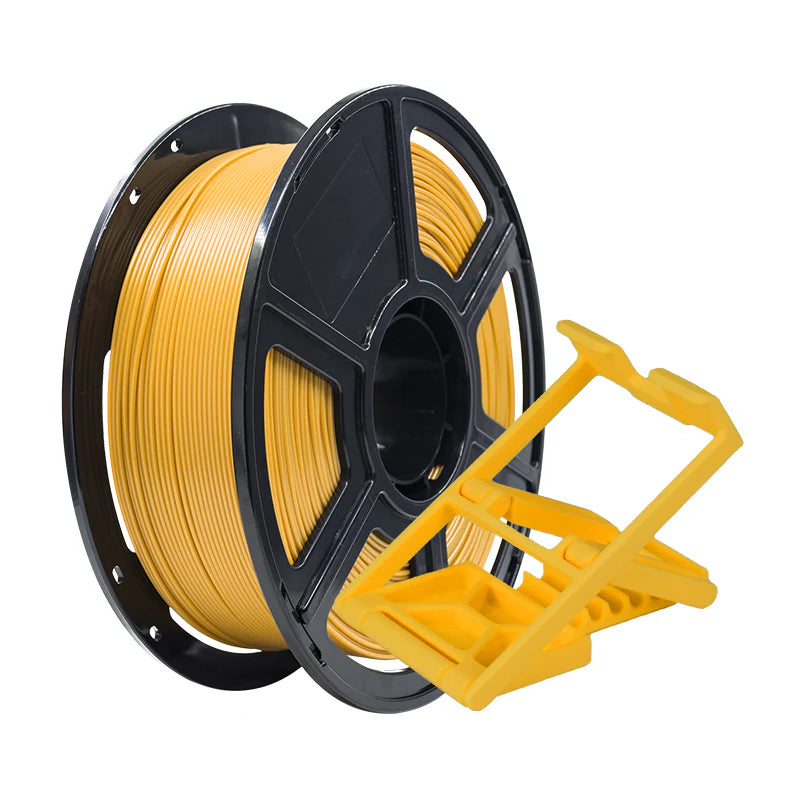 A spool of Flashforge PLA Pro 1.75mm 3D Printing Filament - Basic Colour in yellow is displayed next to a matching filament holder, ideal for vibrant 3D printer projects.