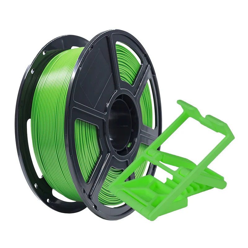 A spool of Flashforge PLA Pro 1.75mm 3D Printing Filament in green sits beside a green 3D-printed filament clip holder.