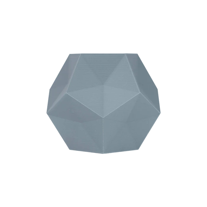 A gray polyhedral object with flat polygonal faces, made using Flashforge PLA Pro 1.75mm 3D Printing Filament (Basic Colour), is shown against a white background.