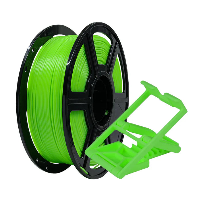 A spool of Flashforge PLA Pro 1.75mm 3D Printing Filament in bright green sits beside a small, vivid green 3D printed object.