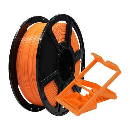 A spool of Flashforge PLA Pro 1.75mm 3D Printing Filament in orange sits next to an orange plastic filament holder.