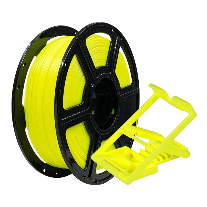 A spool of Flashforge PLA Pro 1.75mm Basic Colour 3D printing filament in yellow, with a black reel, is placed beside a matching yellow filament holder.