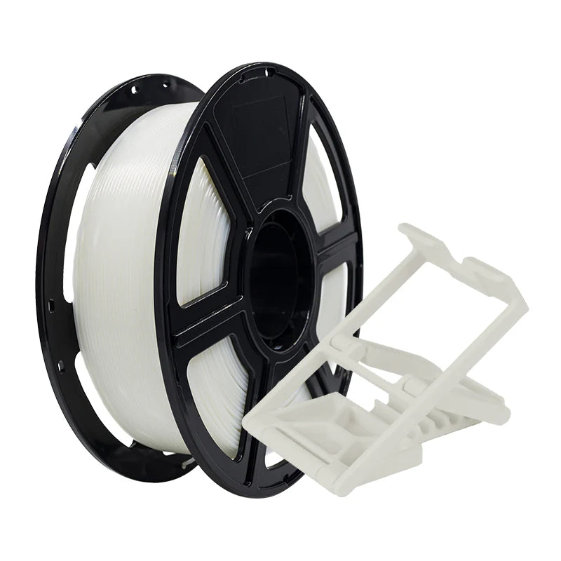 A spool of Flashforge PLA Pro 1.75mm 3D Printing Filament in white rests beside a small, angular white 3D-printed object with slots.